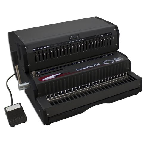 The Akiles CombMac-EX Electric Comb Binding Machine, a professional-grade binding machine with a sleek black design, featuring a durable metal construction, an electric punching system, and a foot pedal for hands-free operation.