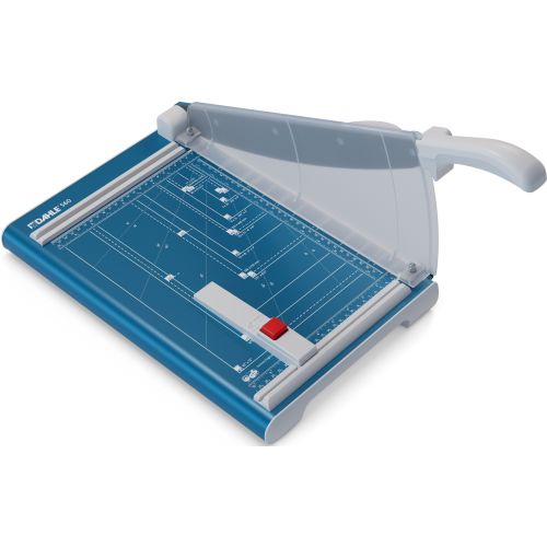 The Dahle Model 560 Professional 13" Guillotine Paper Cutter featuring a blue cutting base with measurement guides and a transparent safety guard.