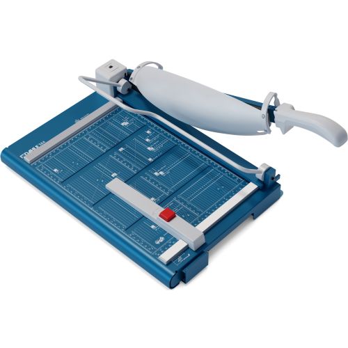 The Dahle 564 Premium 14 Inch Guillotine Cutter With Laser, featuring a blue base with measurement guides and a large ergonomic handle for precise cutting.