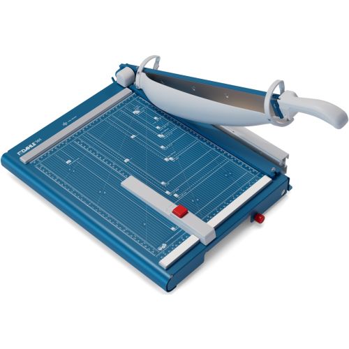 A Dahle 565 Premium 15 Inch Heavy Duty Guillotine Cutter with a blue grid cutting surface and a sharp blade for precise paper trimming.