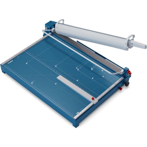 Shows a Dahle 569 Premium 27 Inch Heavy Duty Guillotine Cutter with a blue cutting surface, metal blade, and adjustable guide for precise paper trimming.