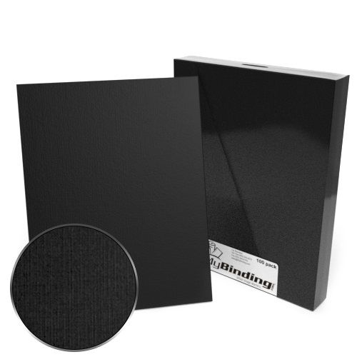 Black 8.5" x 11" Linen Binding Covers with a close-up texture detail and packaging in the background.