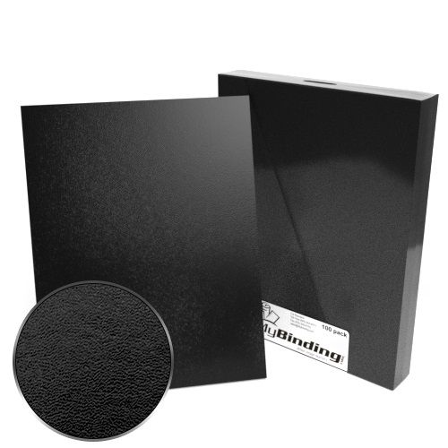 8.5" x 11" Regency Leatherette Vinyl Covers - 100pk, featuring a black textured cover sheet with a close-up view of the leatherette finish, packaged in a stack of 100 sheets.