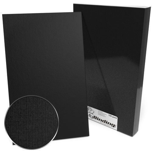 Black 8.5" x 14" Linen Binding Covers with a textured finish shown in packaging and close-up view.