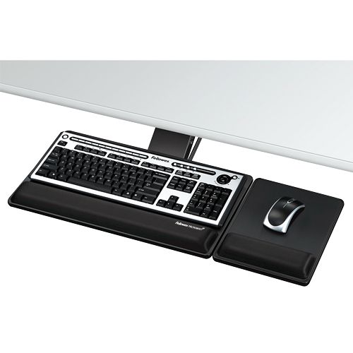 The Fellowes Designer Suites Premium Adjustable Keyboard Tray provides ergonomic support with adjustable height and tilt, ensuring comfortable typing for any workspace.