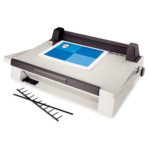 GBC VeloBind System One Manual Punch and Electric Finisher machine with a document placed on the platform and binding spines next to it, designed for securely binding documents in an office setting.