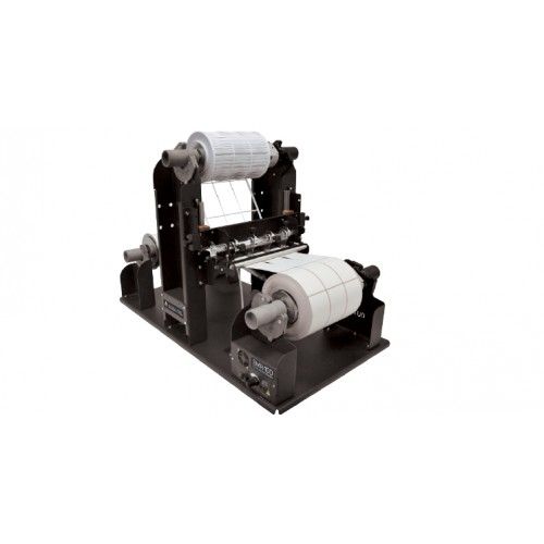 Afinia Label SMR-100 slitter-rewinder-matrix remover for L801 label printer featuring a robust black frame with dual spools and an adjustable slitting assembly for efficient label processing.