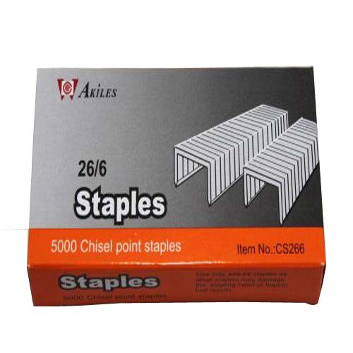 A box of "Akiles ABM 26/6 Premium Heavy Duty Staples" containing 5000 chisel point staples.
