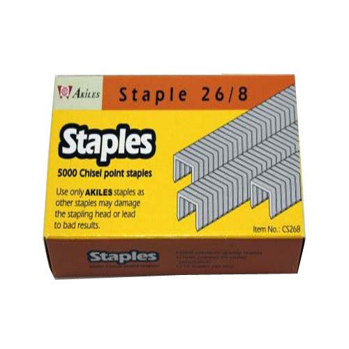 Box of Akiles ABM 26/8 Premium Heavy Duty Staples with 5000 chisel point staples for reliable stapling.
