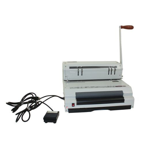 An Akiles CoilMac ECI 5:1 Coil Binding Machine with a manual handle and attached foot pedal.