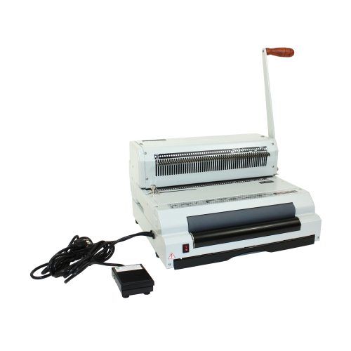 The Akiles Coilmac ECI+ Oval Hole Coil Binding Machine with a manual lever and foot pedal attachment.