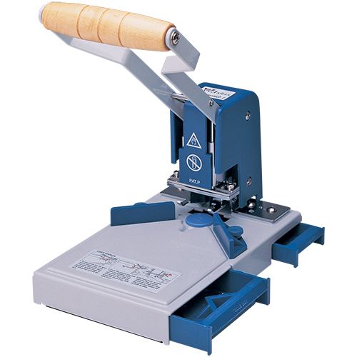 A Akiles Diamond 1 Corner Rounding Machine with a blue body, wooden handle, and adjustable guides, designed for precise corner rounding on a variety of materials.