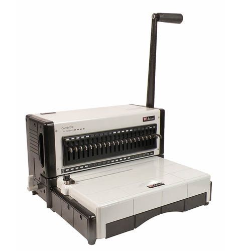 An Akiles FlexiPunch-M Manual Modular Interchangeable Die Binding Punch with a handle on the side and multiple die slots for binding purposes.