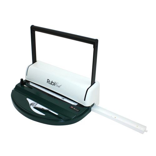 An Akiles RubiCoil Manual Coil Binding Machine, featuring a sturdy handle and a compact design for coil binding documents.