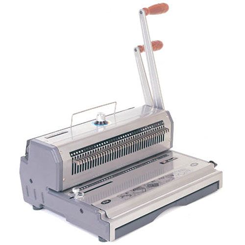 The Akiles WireMac 2:1 Manual Double Loop Wire Binding Machine, featuring a robust metal construction with a two-lever system for manual wire binding, ideal for professional document finishing tasks.