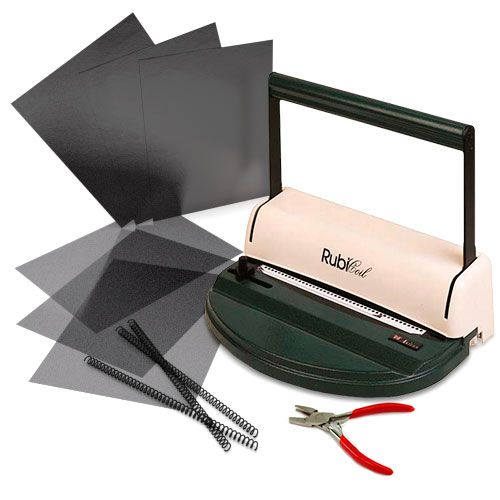 An Akiles RubiCoil Manual Coil Binding Starter Kit, including a coil binding machine, black binding coils, black covers, and a pair of red-handled pliers.