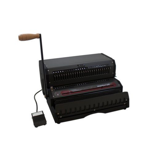 Akiles WireMac-EX 2:1 Pitch Electric Wire Binding Machine with Wire Closer featuring a sturdy black metal design, a wooden handle, and an electric foot pedal for efficient wire binding.