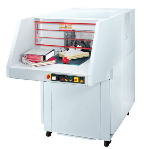 A Destroyit 5009 Level P-3 High Capacity Cross-cut Shredder designed for shredding large volumes of documents with precision and safety features.