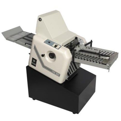 A Baum 714XLT 8-Page Right Angle Tabletop Paper Folder with a sleek, compact design and adjustable paper guides for precision folding.