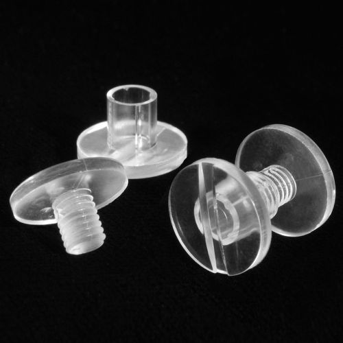 A set of 3/8" Clear Snap-Lock Plastic Screw Posts is displayed on a black background, featuring a two-piece design with a threaded post and a slotted cap, providing a secure and reusable binding solution for documents and materials.