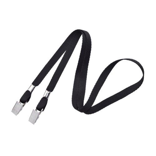 Black 3/8" Flat Open Ended Lanyard with Two Bulldog Clips - 100pk Image 1