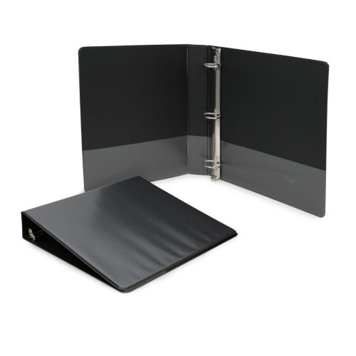 Premium Black Round Ring Clear View Binders displayed open and closed, featuring a sleek black design and sturdy three-ring mechanism.
