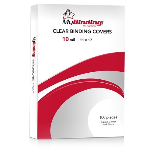 Packaging of 10mil Crystal Clear 11" x 17" Binding Covers [Unpunched, No Tissue] - 100pk with red and gray design.