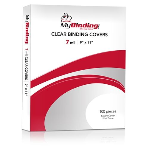 Packaging of 7mil Crystal Clear 9" x 11" Index Allowance Binding Covers [Unpunched, No Tissue] - 100pk featuring a sleek red and white design with the MyBinding logo.