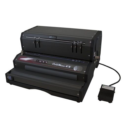 The Akiles CoilMac-EX 4:1 Round Hole Electric Coil Binding Machine, showing its sleek black design with foot pedal and control buttons.