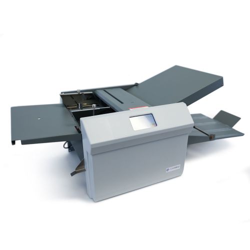 A Coverbind CBPF460 Paper Folding Machine with open trays and adjustable folding plates on display against a white background.