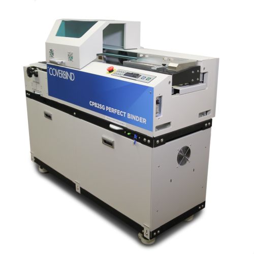 The Coverbind CPB2SG Perfect Binding Machine, a professional-grade binding machine with a sleek design, featuring a blue and white color scheme, a control panel, and a large feeding area for creating perfectly bound books.