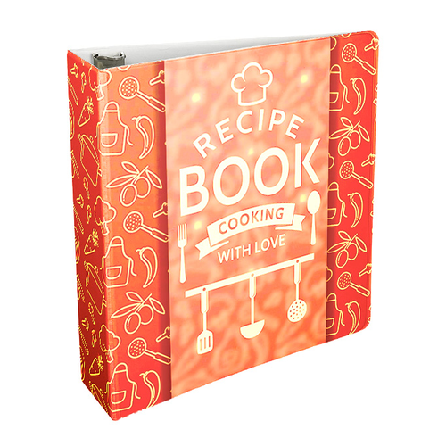 A vibrant Custom Ring Binder designed as a recipe book, featuring a red and orange color scheme with kitchen utensil illustrations and the words "Recipe Book - Cooking with Love" on the cover.