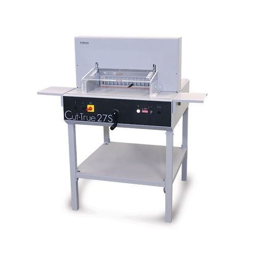 Front view of the Formax Cut-True 27S 19" Semi-Automatic Electric Paper Cutter with safety shield and adjustable guides.