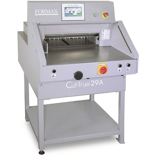 A Formax Cut-True 29A 20.5" Electric Programmable Guillotine Cutter, featuring a touchscreen interface and safety features for precise cutting tasks.
