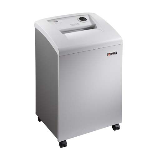 A Dahle 40334 High Security Level P-7 Micro Cut Paper Shredder, designed for top-secret document destruction, shown in a sleek white and gray finish on rolling casters.