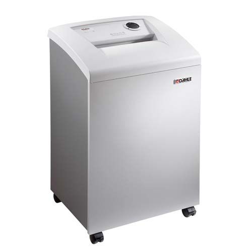 A Dahle 40434 High Security Level P-7 Micro Cut Paper Shredder featuring a sleek white design on caster wheels for efficient document destruction.
