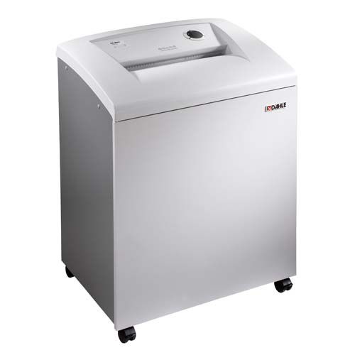 A Dahle 40606 Level P-2 Strip Cut Department Paper Shredder on wheels, featuring a sleek white design for high-capacity shredding in office settings.