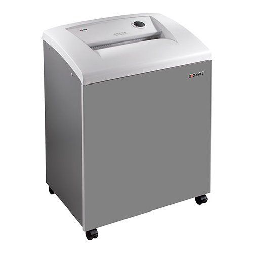 A Dahle 50564 Level P-4 Oil-Free Cross-Cut Department Paper Shredder with a sleek gray design and caster wheels for easy mobility.