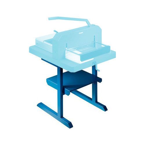 A blue Dahle 712 Stand for Model 842 and 846 Stack Cutters, featuring a sturdy metal frame with a lower shelf for storage, designed to support heavy-duty stack cutting machines.