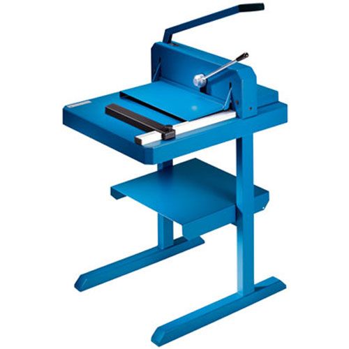 A blue Martin Yale 7000E 12" Commercial Stack Cutter, featuring a manual lever and sturdy metal stand for heavy-duty paper cutting.