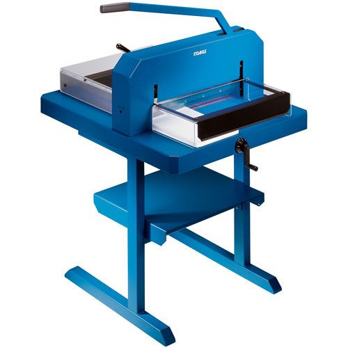 A blue Dahle 848 Heavy Duty 700 Sheet 18.5-Inch Stack Cutter with a sturdy stand and manual lever for precision cutting.