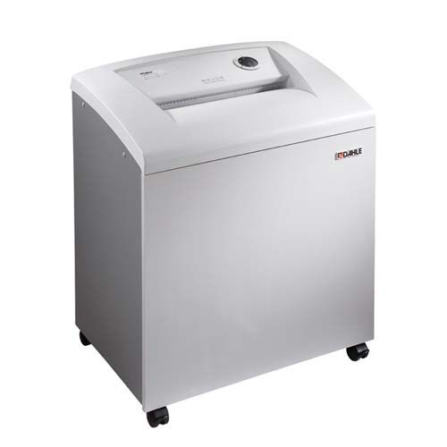 The Dahle CleanTEC 41534 Level P-7 Cross Cut High Security Paper Shredder, a sleek, white, high-security shredding machine on caster wheels.