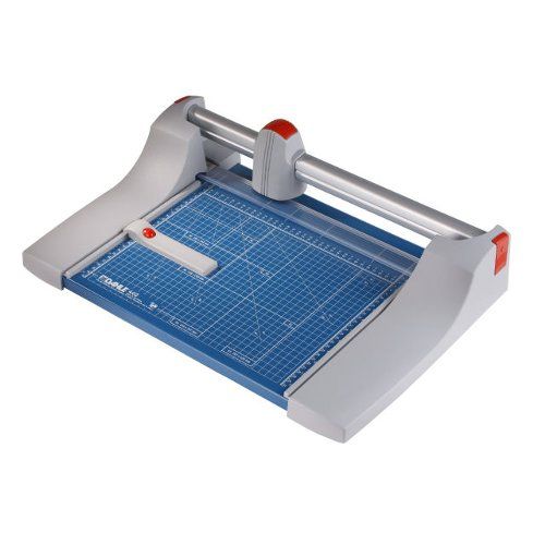 A Carl 12" Deluxe Personal 7 Sheet Rotary Trimmer featuring a blue cutting grid and adjustable guide for precise trimming.