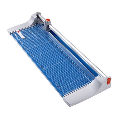Dahle Model 446 Premium Rolling Trimmer - 36 1/4 Inch, featuring a blue grid cutting surface with a precision rotary blade.