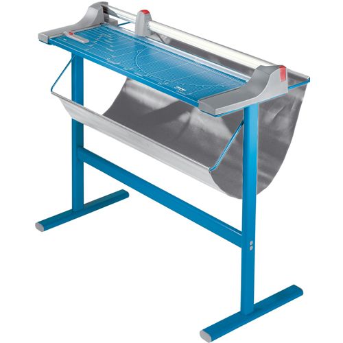 Dahle Model 446S 36" Premium LF Rolling Trimmer with Stand featuring a blue frame, measurement grid, and a convenient paper catch basket.