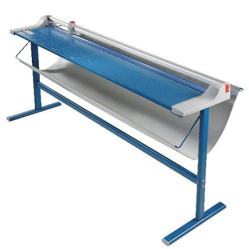 Dahle Model 472S 72" Premium Rolling Trimmer with Stand, featuring a durable metal base, blue cutting surface, and built-in paper catch for precision trimming.