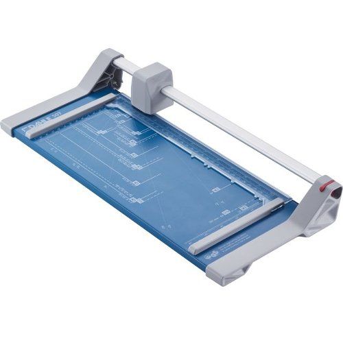 A Dahle Model 507 Personal Rolling Trimmer - 12.5 Inch, highlighting its self-sharpening blade, alignment guides, automatic clamp, and sturdy metal base.