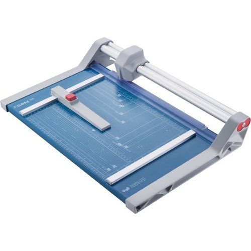 A Dahle Model 550 Professional Rolling Trimmer featuring a blue cutting mat and adjustable guide for precise and efficient paper trimming.