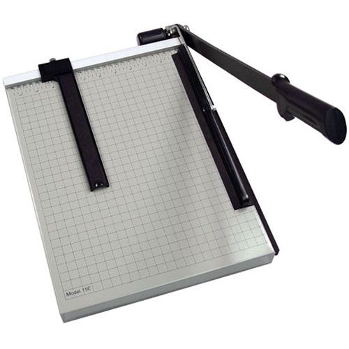 A Dahle Vantage 18E Personal 18 Inch Guillotine Paper Cutter with a grid cutting surface and a long blade handle for precision cutting.