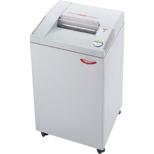 A white Destroyit 3104 Level P-2 Strip-cut Shredder with a compact design, mounted on caster wheels for easy mobility.